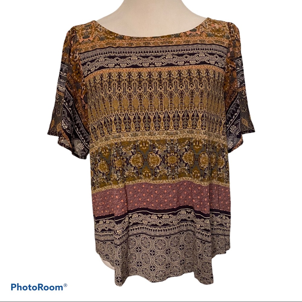 LUCKY BRAND TOP MULTI COLOR BLUE GOLD PRINT BOHO KEYHOLE BACK BLOUSE SIZE L